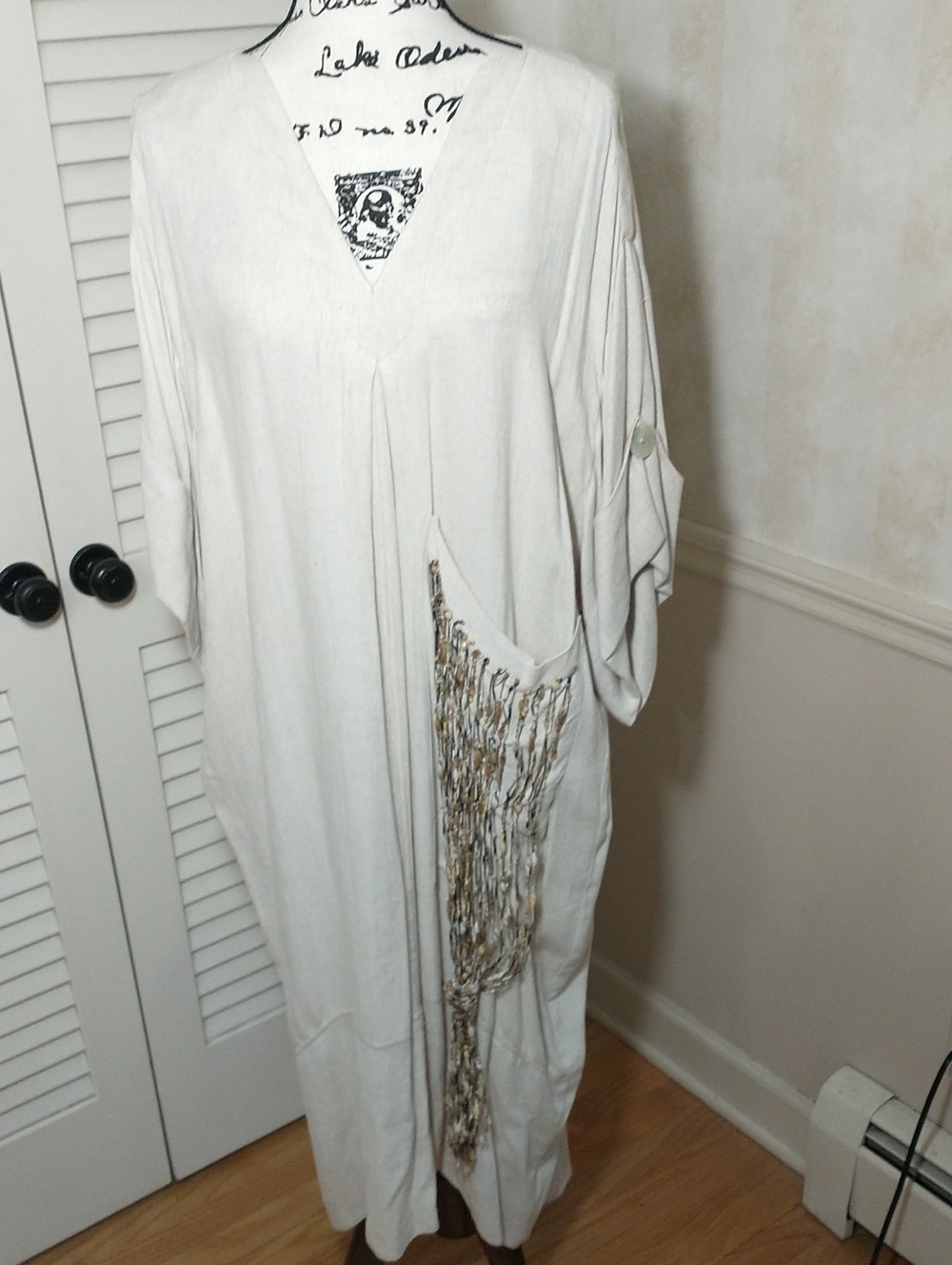 Ozai N Ku, Alembika, Greek, Unique Kaftan Dress, Linen Blend, Size L, Pool